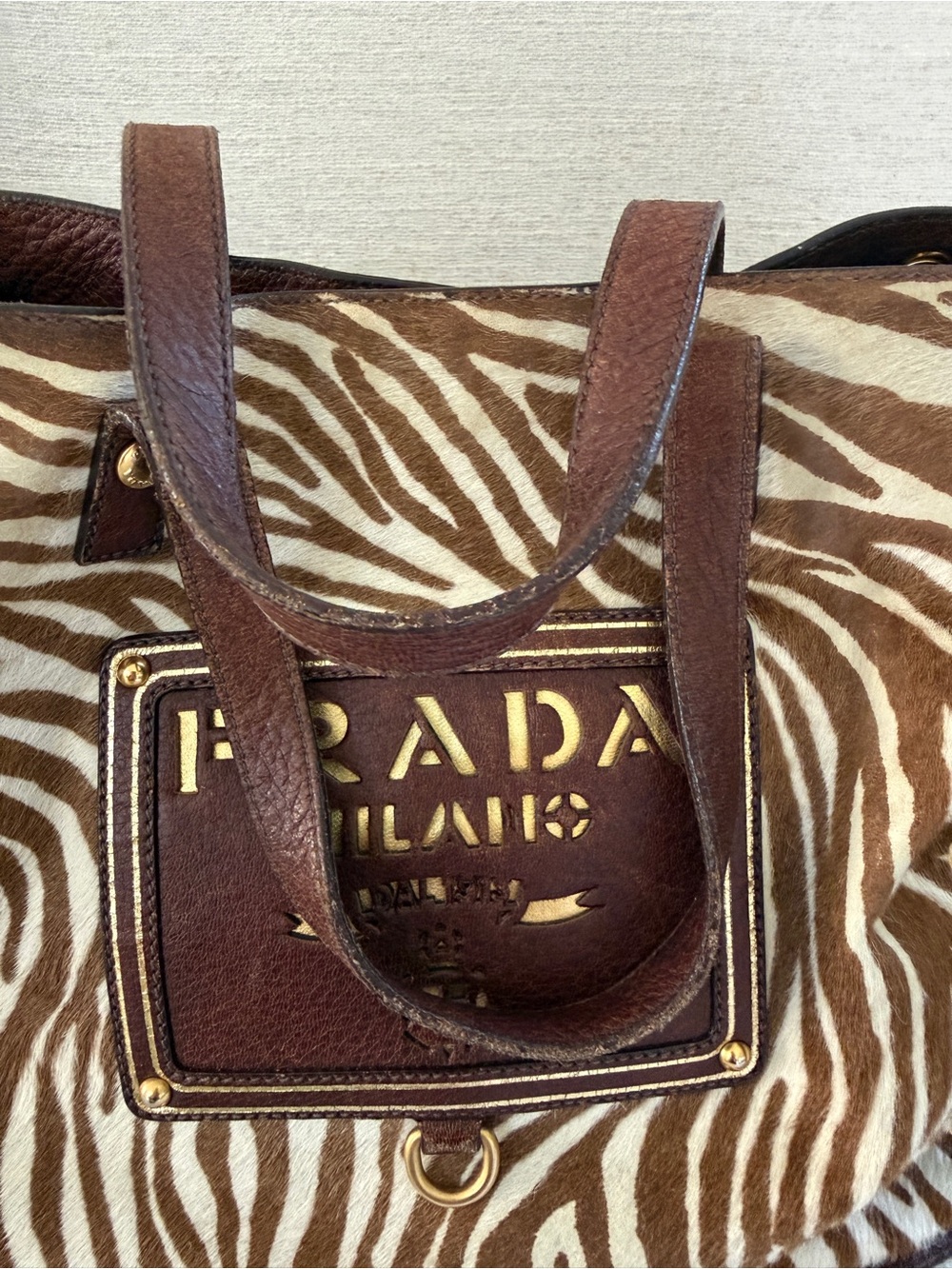 Prada Zebra Pony Hair Calf Hair Leather Tote Shoulder Bag Brown Gold Tassel - Picture 9 of 14